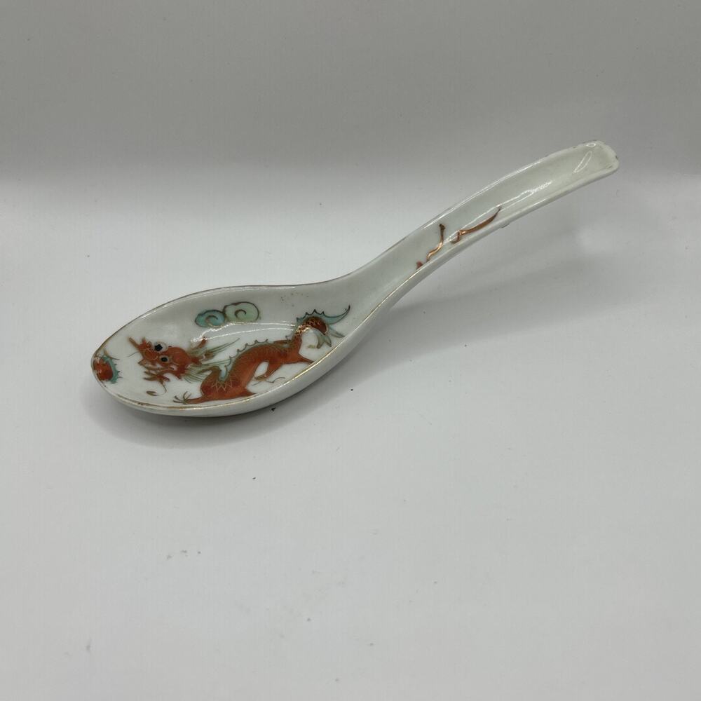 Chinese Porcelain Soup Spoon Hand Painted Dragon Asian Rice Spoon White
